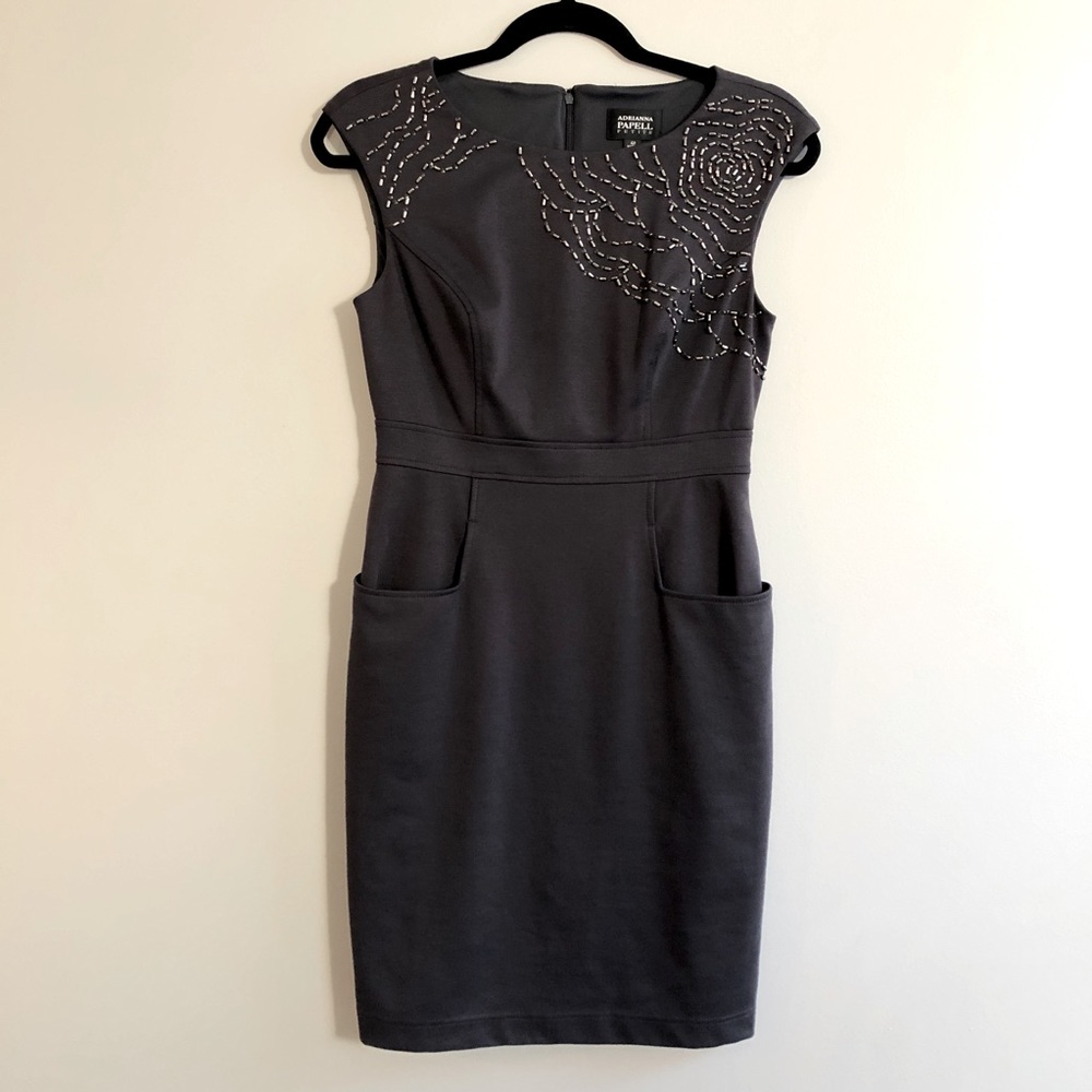 Purple/gray hand-beaded Adrianna Papell dress, size 4 petite